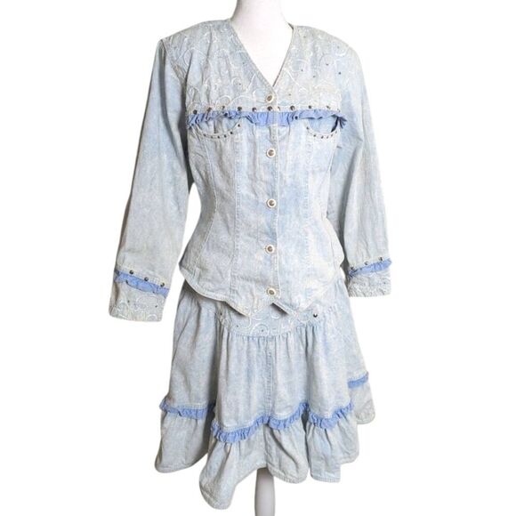 Vintage 90s Monique Fashions Blue Studded Stonewash Denim Jacket & Skirt Set L - Picture 1 of 14